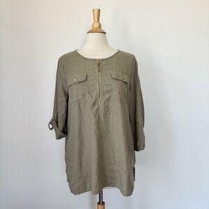 Solid Dark Green Zipper V-Neck Linen Blend 3/4 Sleeve Blouse
